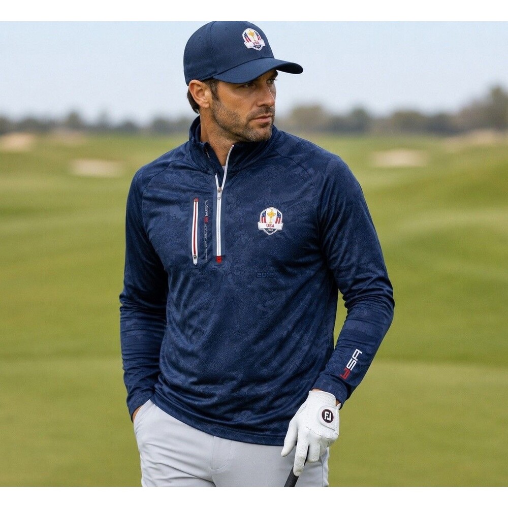 RLX Ralph Lauren 2018 Ryder Cup Golf 1/4 Zip Blue USA Camo Pullover Men Sz XL